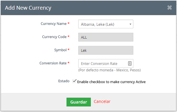Formulario para agregar moneda o divisa y el tipo de cambio en Vtiger CRM.