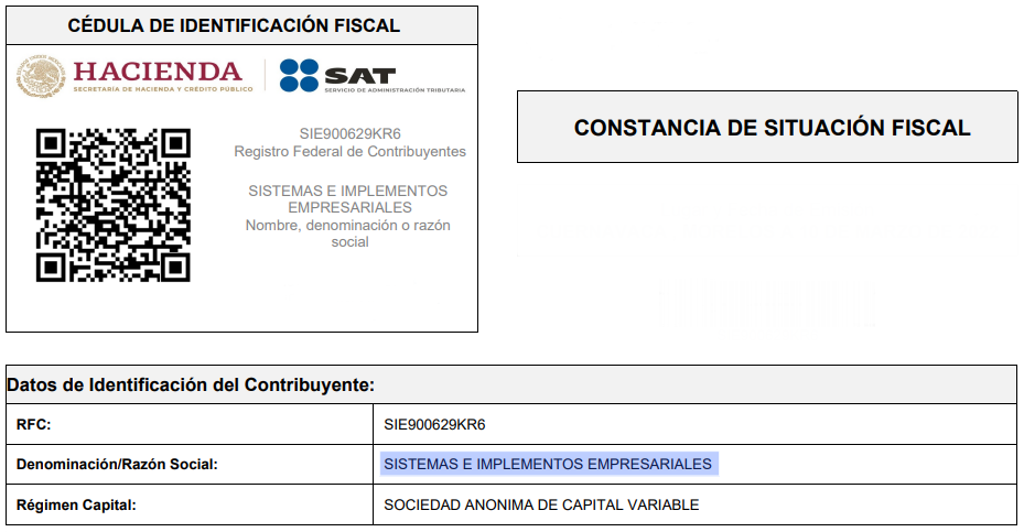 Razón social en Constancia de situación fiscal del SAT para CFDI 4.0 SAT-México