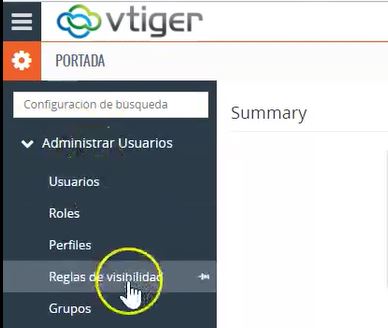 Menú de reglas de visibilidad dentro de la sección de administrar usuarios en Vtiger CRM