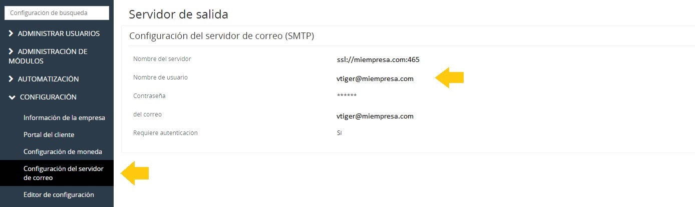 configuración del servidor de correo en vtiger 7