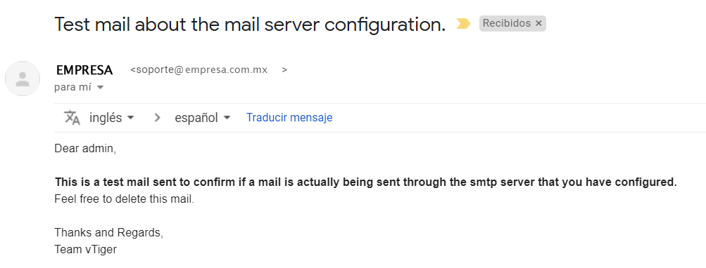 correo de confirmación de la configuraión de correo en vtiger 7