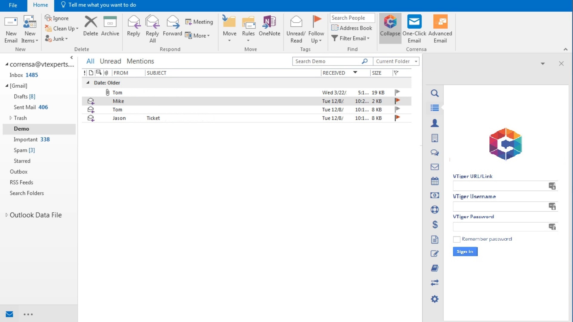 Acceso desde correo Outlook a Vtiger CRM con Simple Sistemas