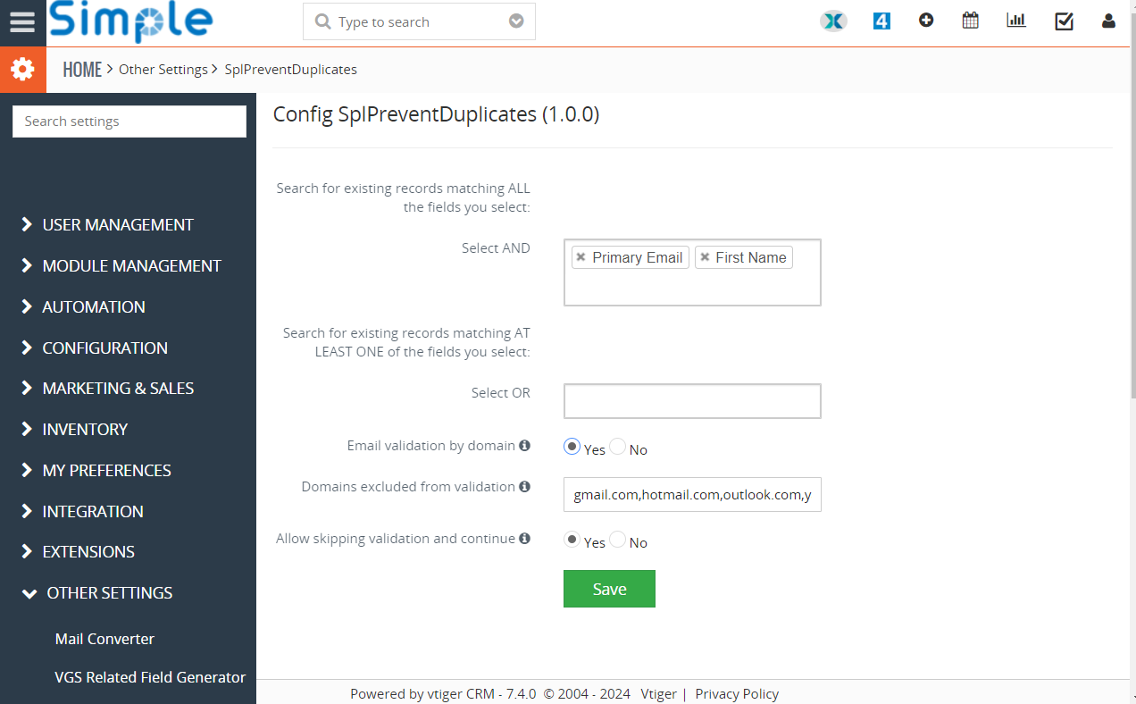 Configure the Anti Duplicate Spl for Vtiger CRM, tell Vtiger which fields and conditions it will validate.