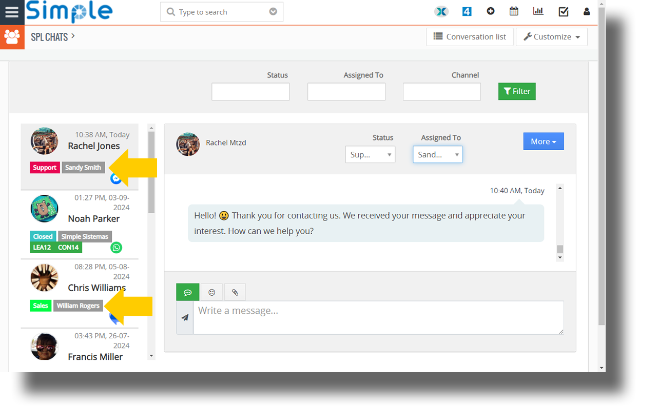 Assign WhatsApp, Facebook Messenger, and SMS chats to agents with Spl Chats in Vtiger CRM.