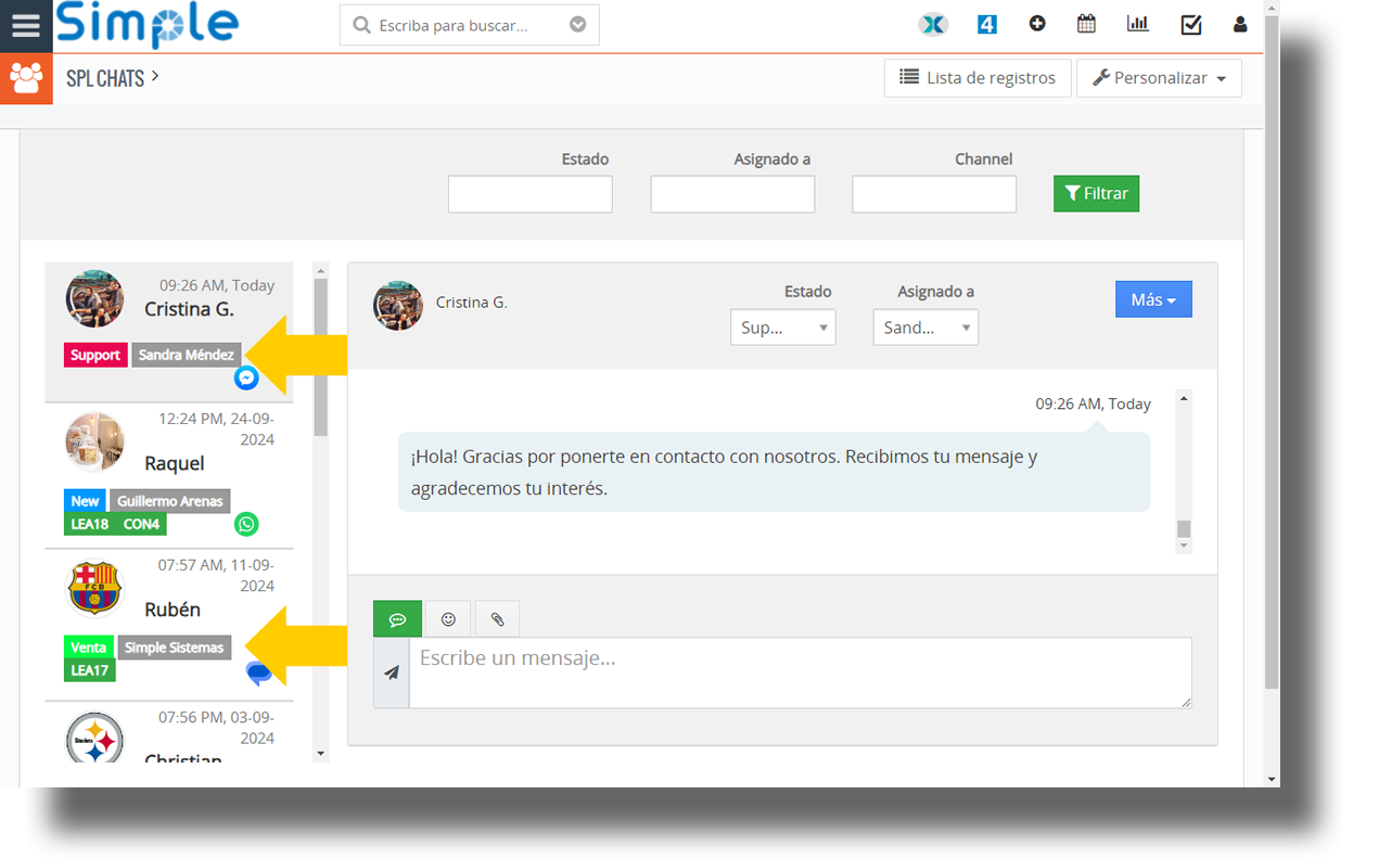 Asignar chats de Whatsapp, Messenger de Facebook y SMS a Agentes con Spl Chats en Vtiger CRM.