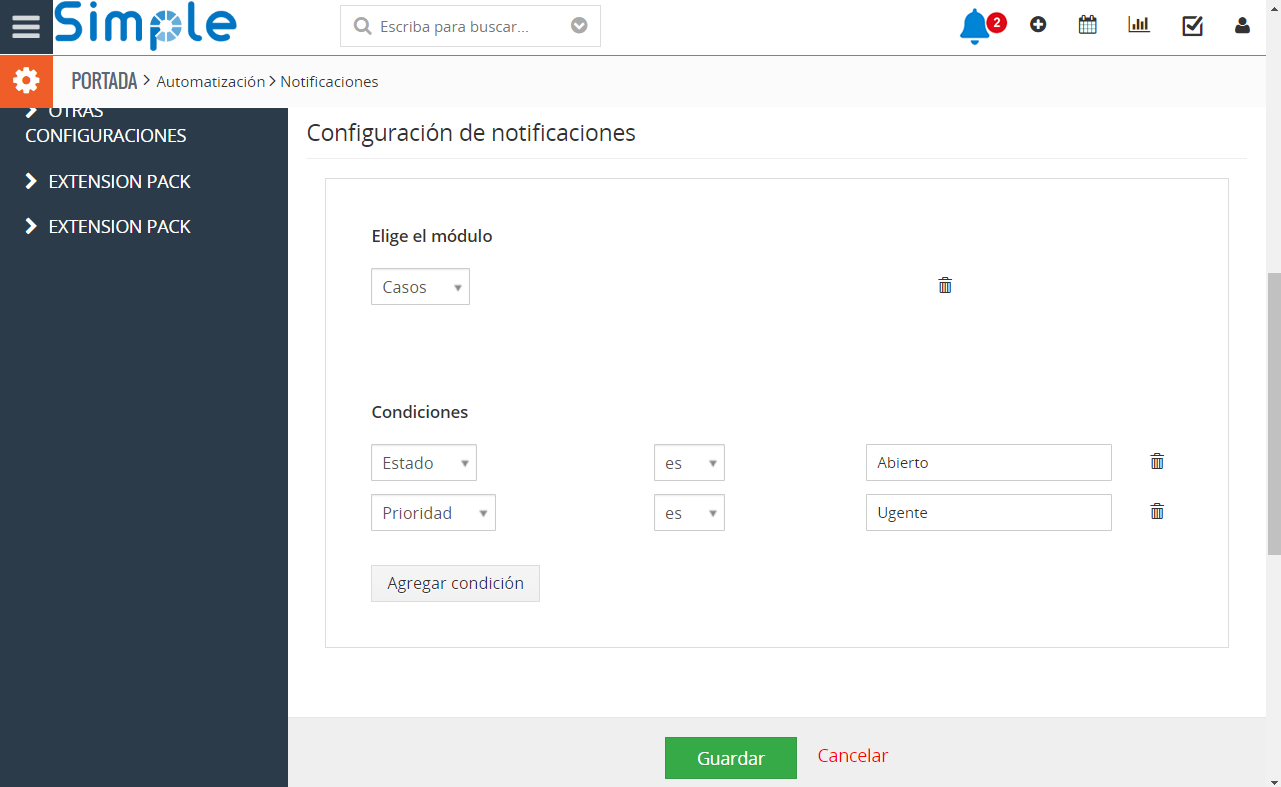 Ajusta qué módulo y condiciones activarán las notificaciones en Spl Notificaciones para Vtiger CRM.