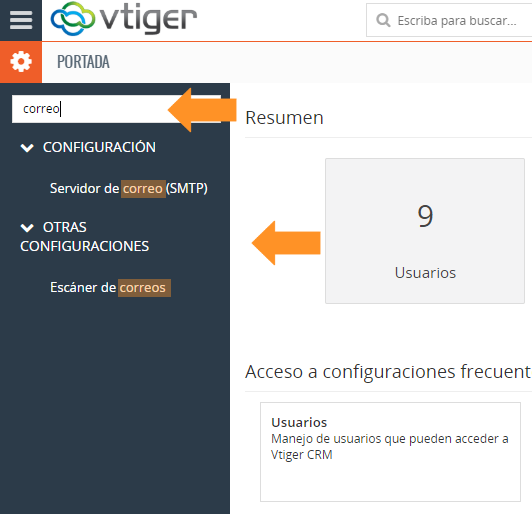 cómo buscar en la configuración de Vtiger 7