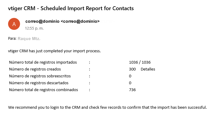 Correo de respuesta de la importación realizada por mas de mil registros en Vtiger crm 7