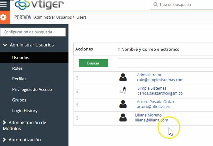 Selección para edición de usuario y cambiar la contraseña en Vtiger CRM