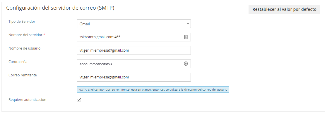 configurar el correo SMTP en Vtiger con la contraseña generada en Gmail
