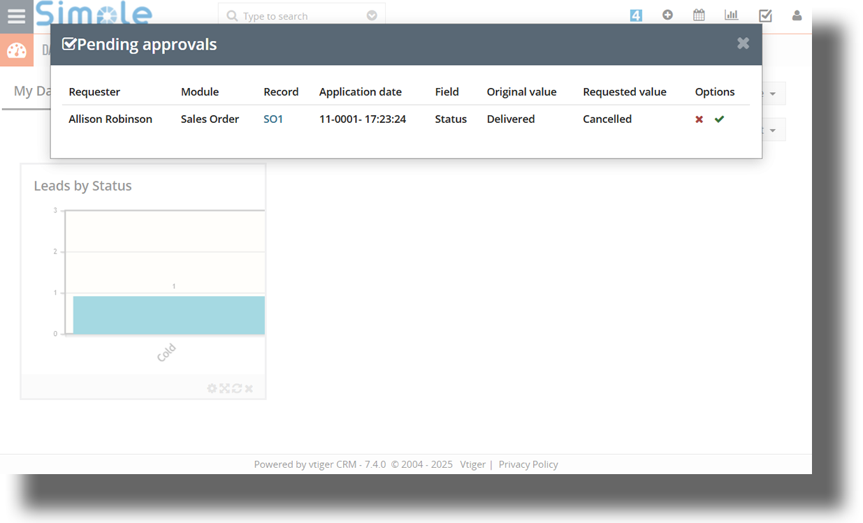 The supervisor receives a notification to approve the user's change and can decide whether to approve it or not. Spl Notifications for Vtiger CRM.