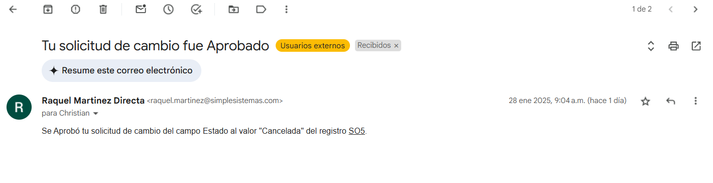 Correo a usuario para notificar si se aprobó o se rechazó el cambio solicitado.