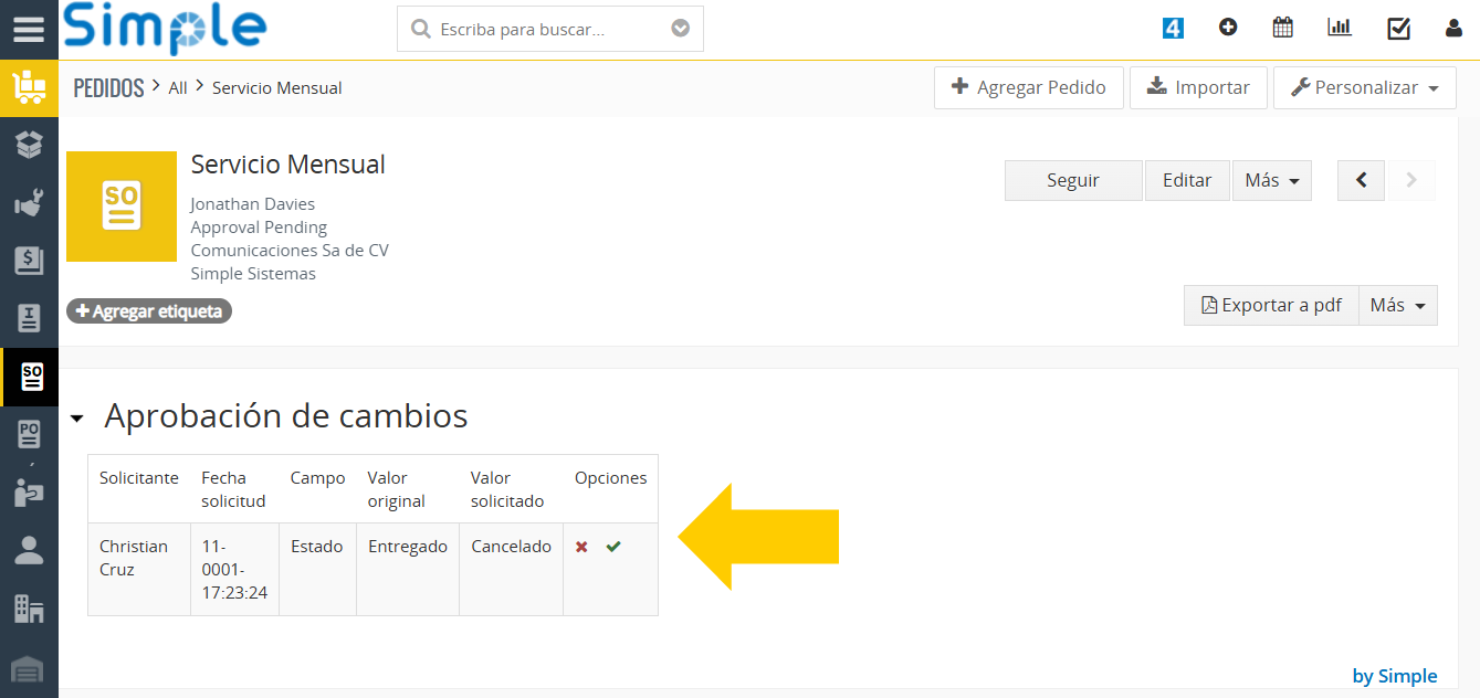 Al ingresa al registro con solicitud de cambio se mostrará sección de cambios para que el Supervisor dé respuesta a la solicitud.