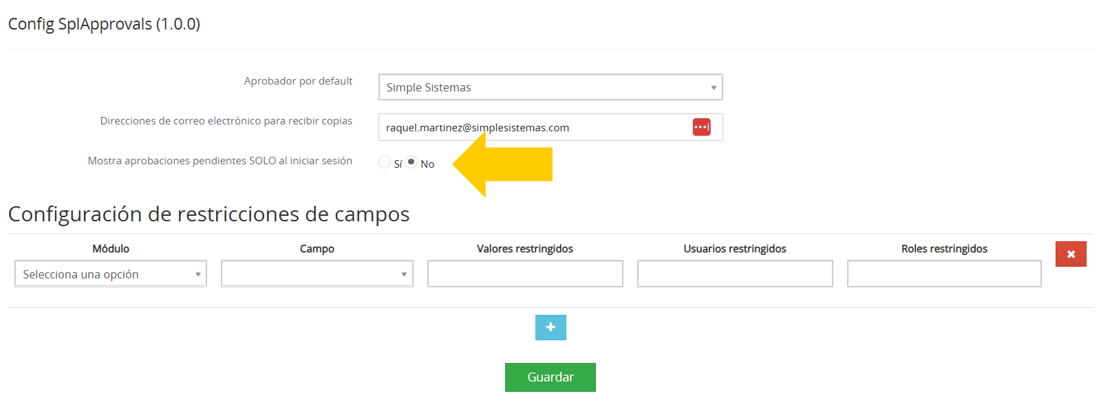 Zona de visualización de notificaciones, ya sea al iniciar sesión en el sistema o mientras el Supervisor de cambios navega por cualquier sección.