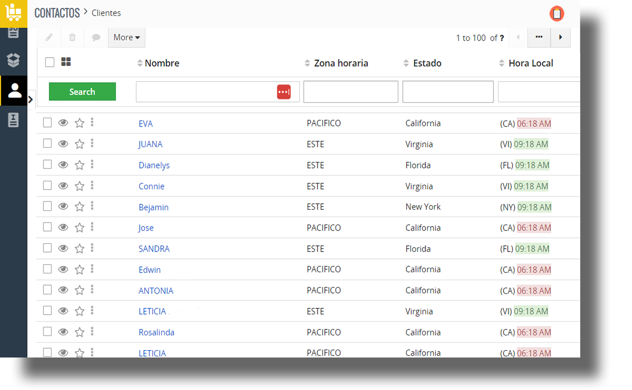 Vista de lista de Estado, zona horaria y hora actual de Spl Horarios y ubicación clientes USA para Vtiger CRM.