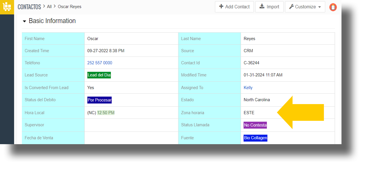 Zona horaria de USA visible al colocar el código de área o lada en Spl Horarios y ubicación clientes USA para Vtiger CRM.