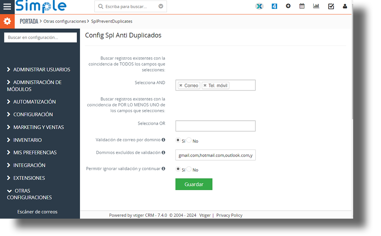 Configura el Spl Anti duplicados para Vtiger CRM, indica a Vtiger que campos y condiciones validará.