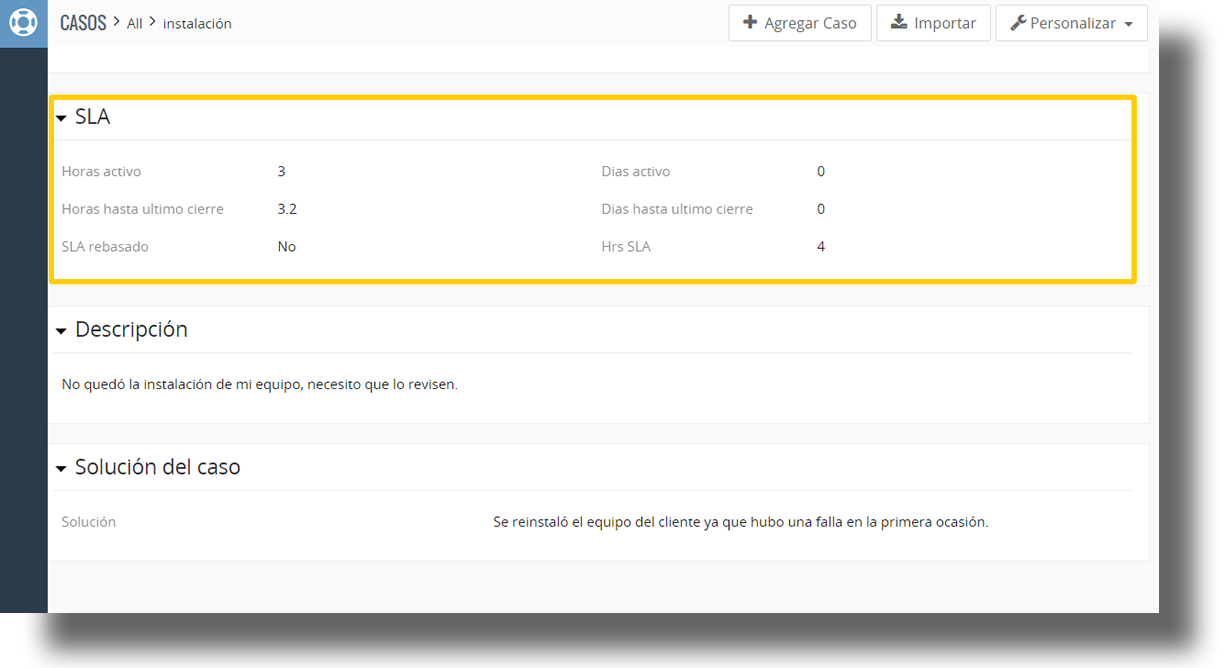 Bloque informativo para visualizar días y horas de tiempo transcurridos de los casos con Spl SLAs para Vtiger CRM.